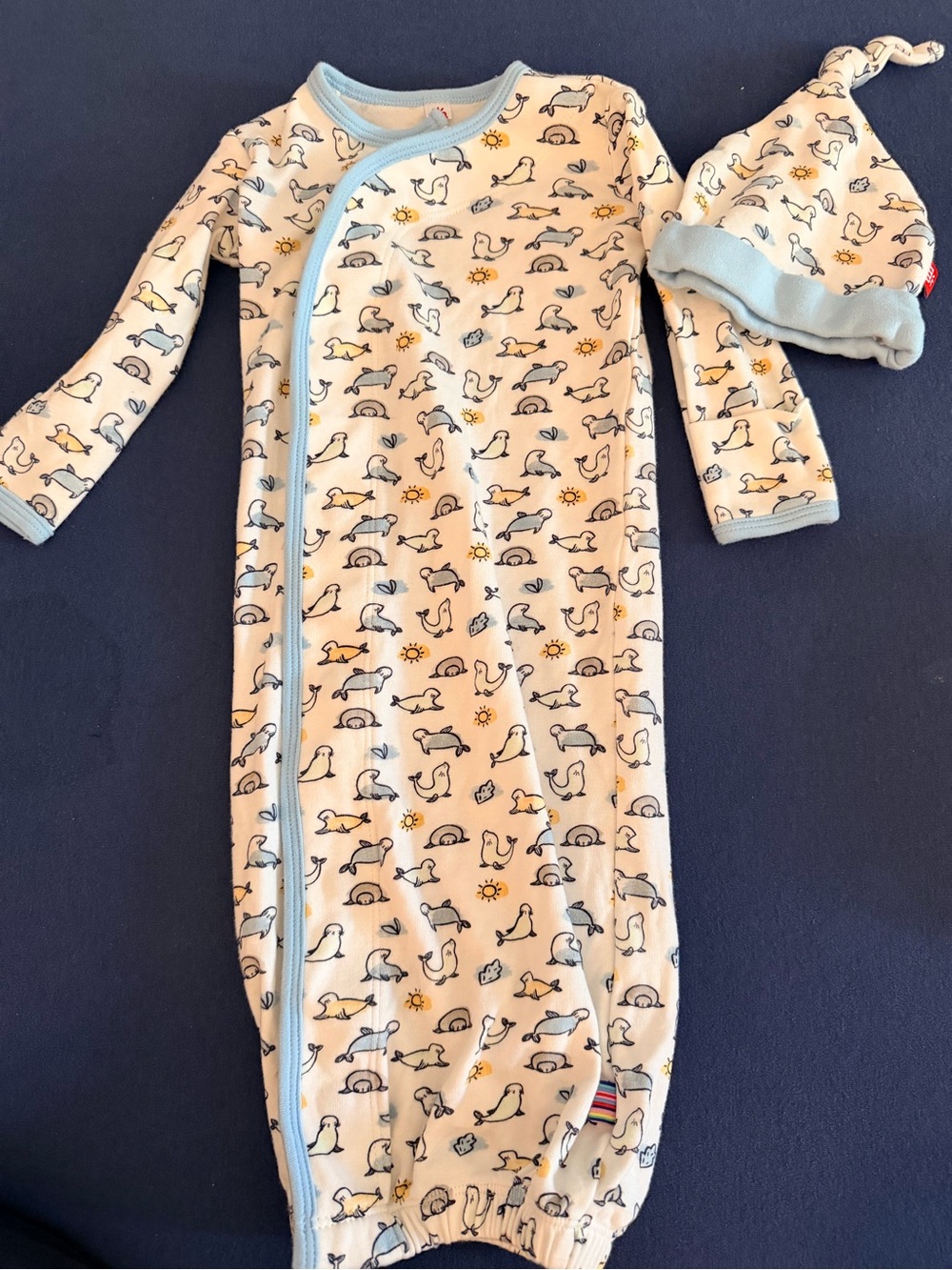 Magnetic Me White Baby Gown & Knot Hat with Blue Trim and Sea Animal Print